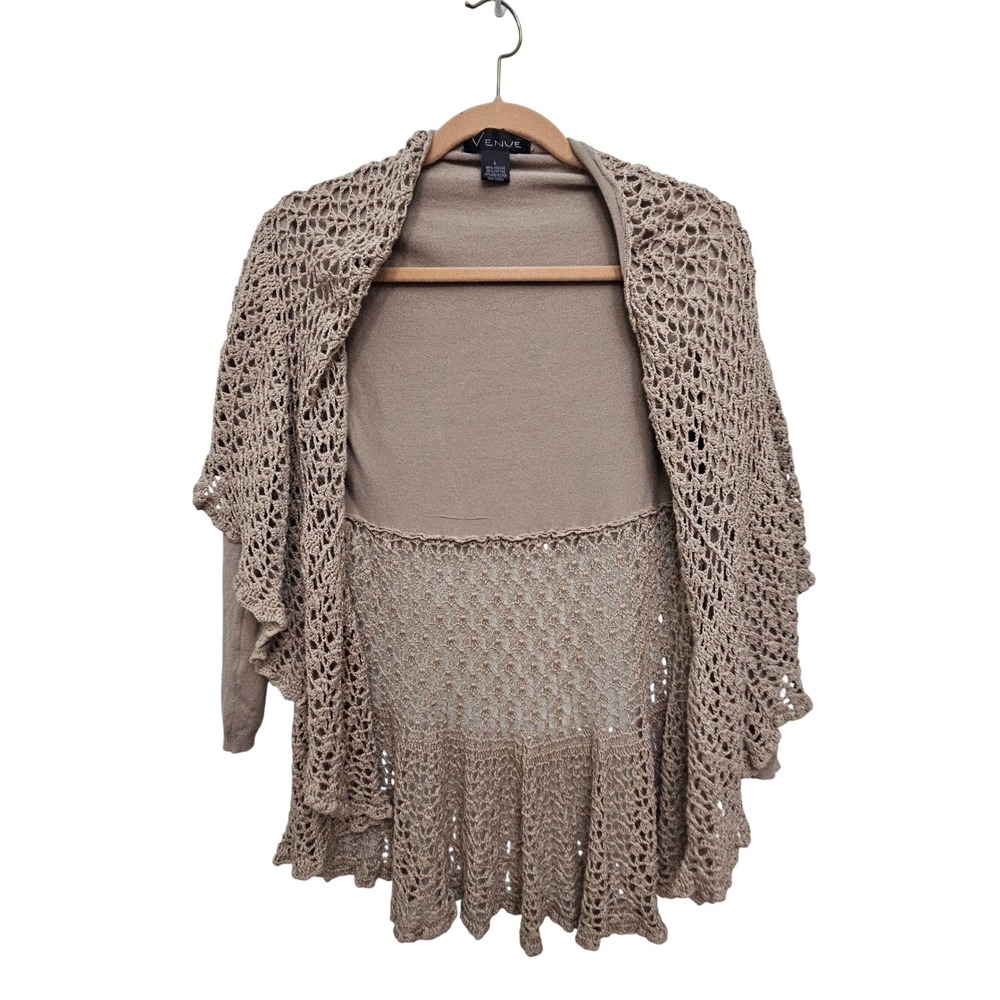 Venue Cardigan Womens‎ Large Tan Crochet Lace Mixed Media Boho Ruffle Open Front